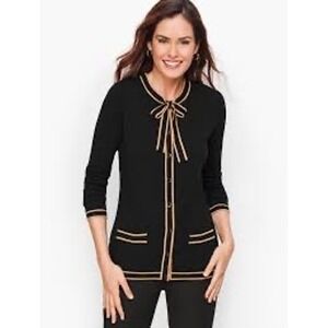 Talbots Black Cardigan Button‎ Down Bow Neck Trimmed Pockets XL